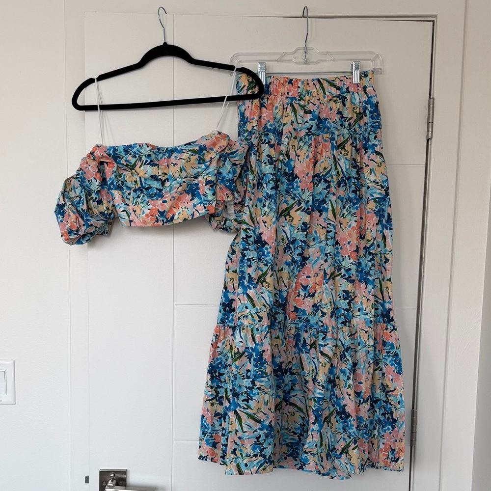 Floral Blue and Pink Women's Skirt and Crop Top